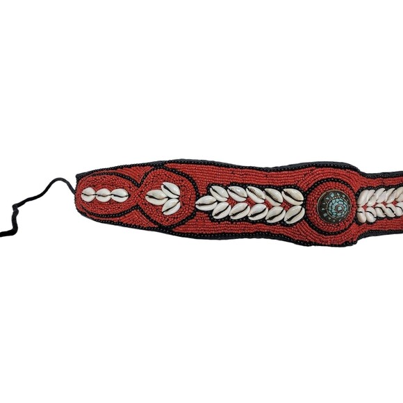 Vintage Ladakh Statement Belt Red Coral Seed Bead Turquoise Brass Cowry Shell - Picture 6 of 12